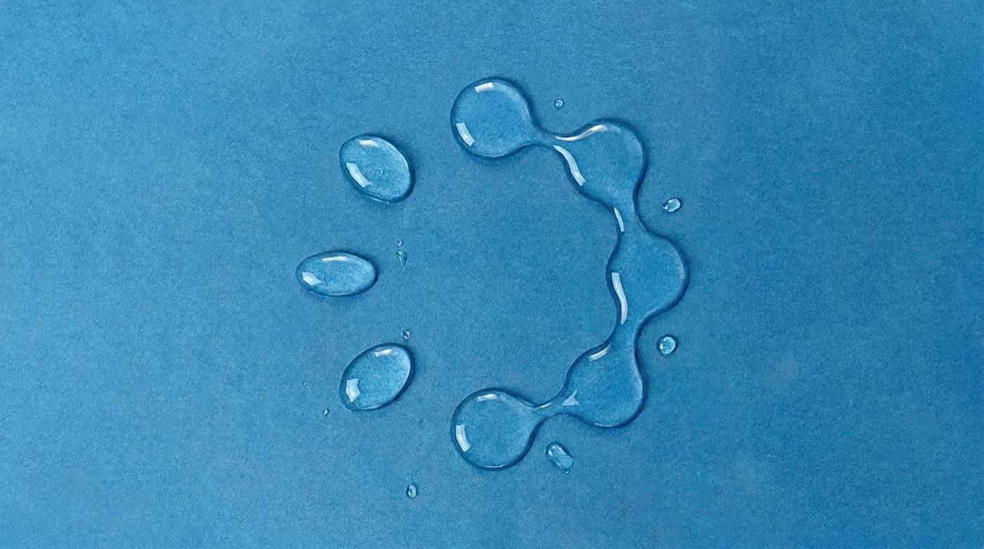Drops of water on blue paper forming the morph logo: a loose ring of beads joined on one side.